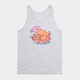 Cute Octopus Chilling on Pink Flamingo Float Tank Top